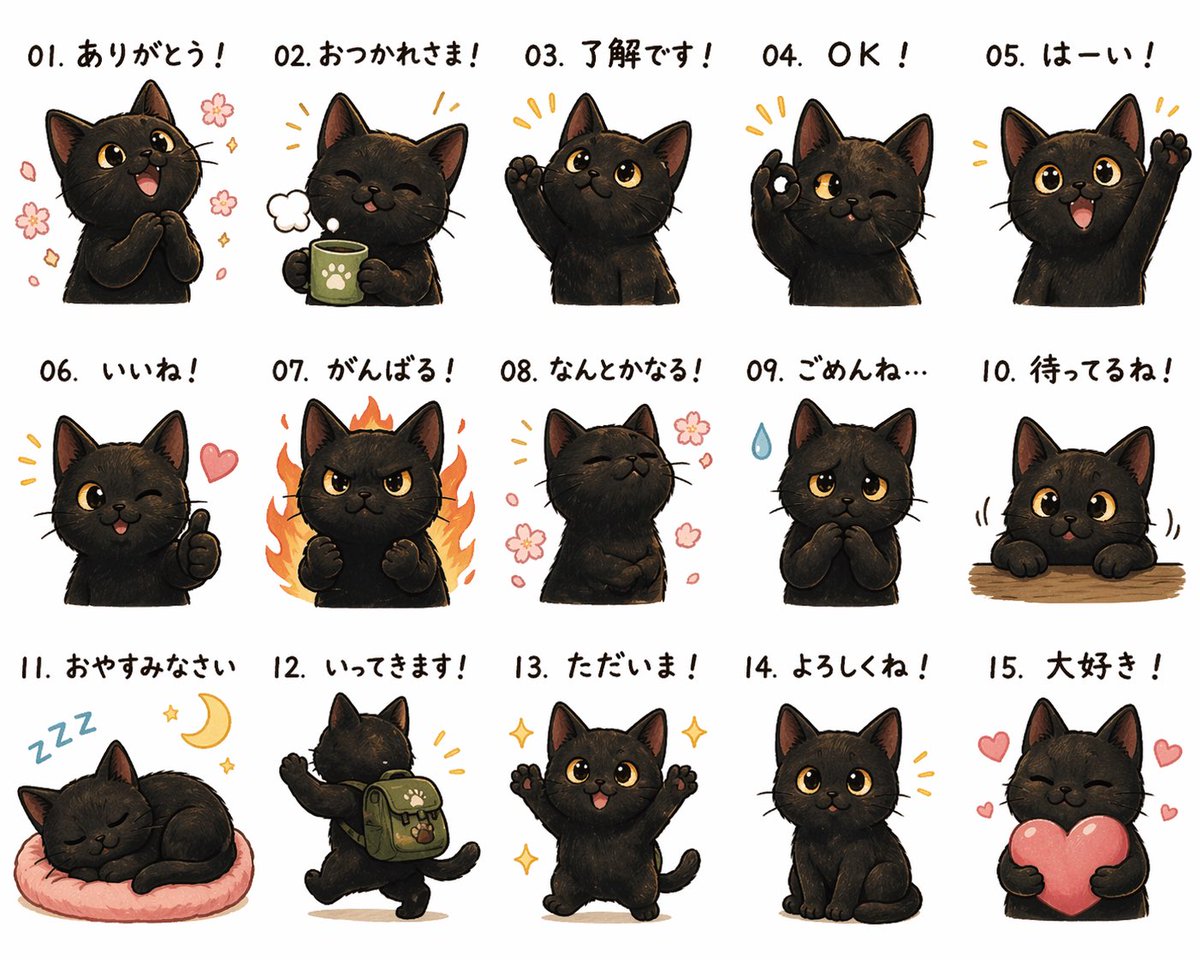 Cute Black Cat Japanese Sticker Sheet 的 GPT Image 2 提示词示例图：A 15-panel kawaii black kitten sticker sheet with Japanese reaction phrases, ideal for chat stickers, LINE-style packs,...