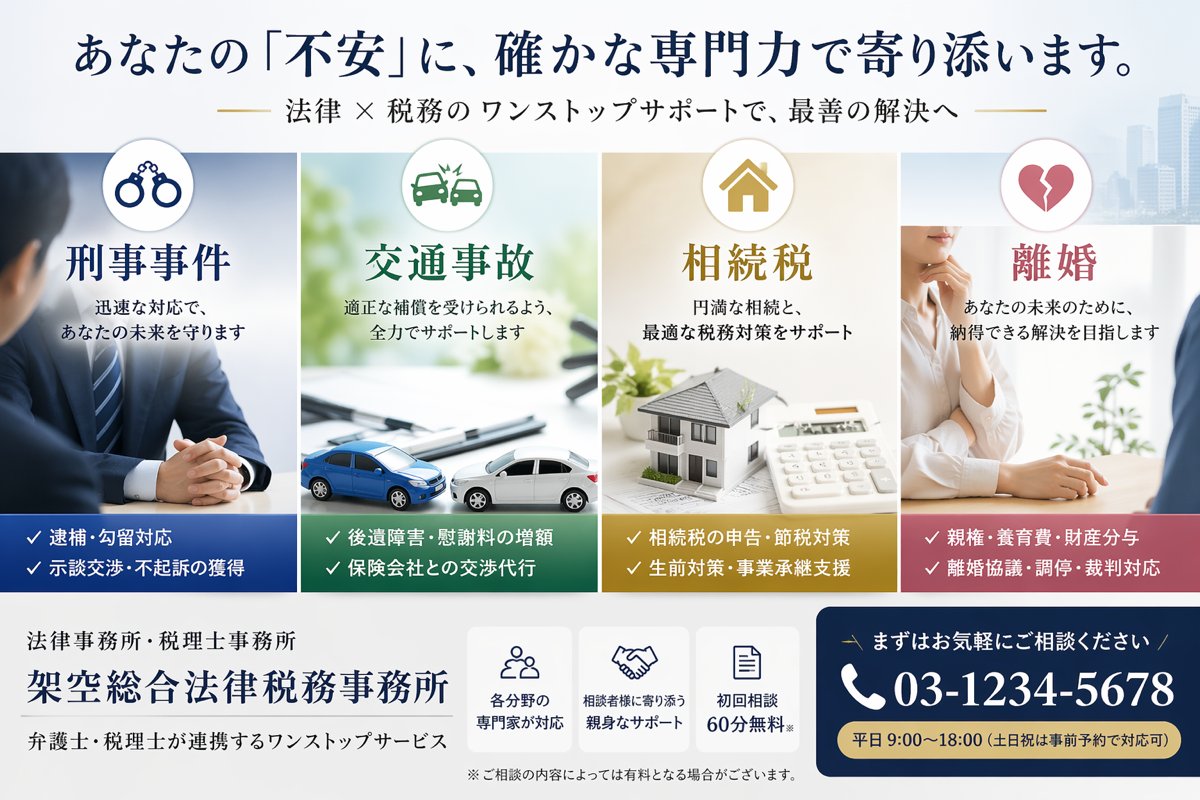 Japanese Law & Tax Services LP Hero Qwen Image prompt example: A premium Japanese landing-page hero banner for a fictional law and tax office, used to advertise four service...