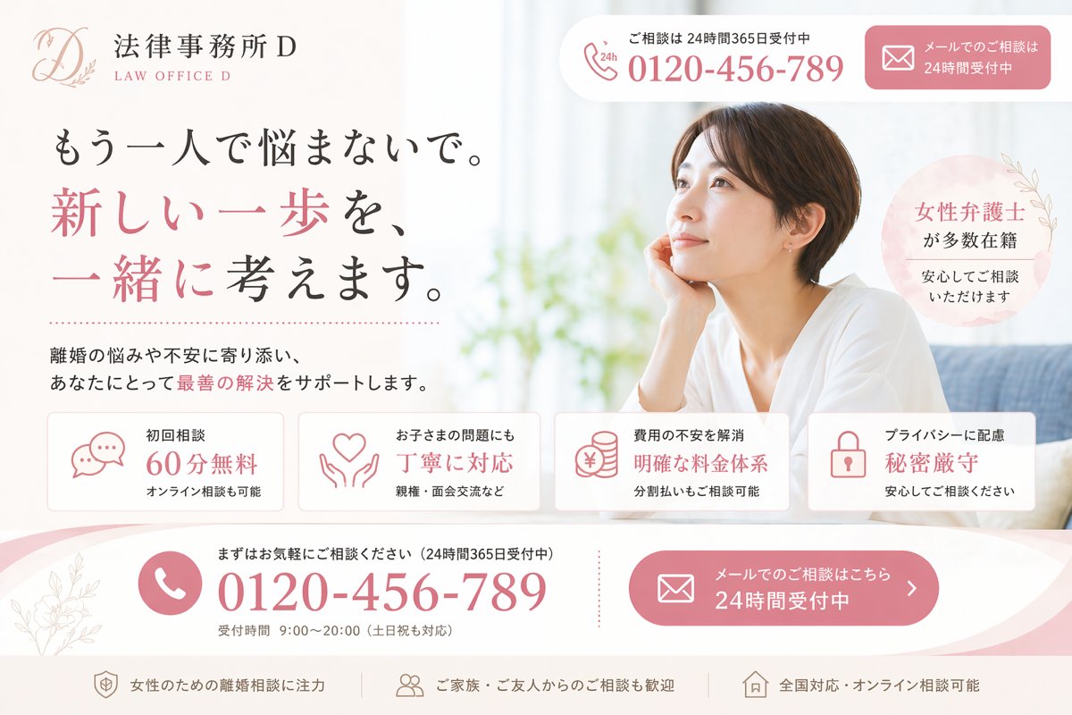 Elegant Japanese Divorce Law LP Hero GPT Image 2 prompt example: This generates a polished Japanese law-firm landing page hero for divorce consultation ads, suitable for legal...