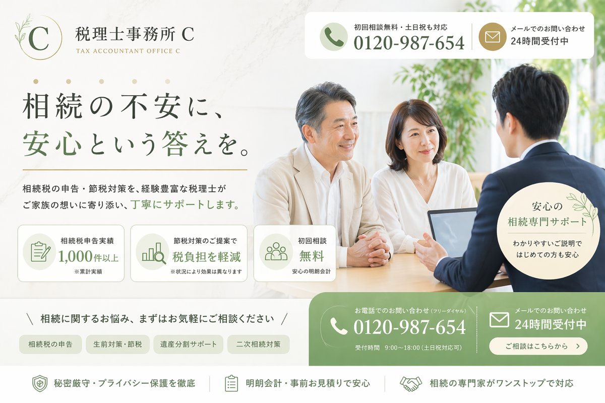 Japanese Inheritance Tax LP Hero GPT Image 2 prompt example: A polished Japanese landing page hero for a fictional inheritance tax accountant office, suitable for legal and tax...