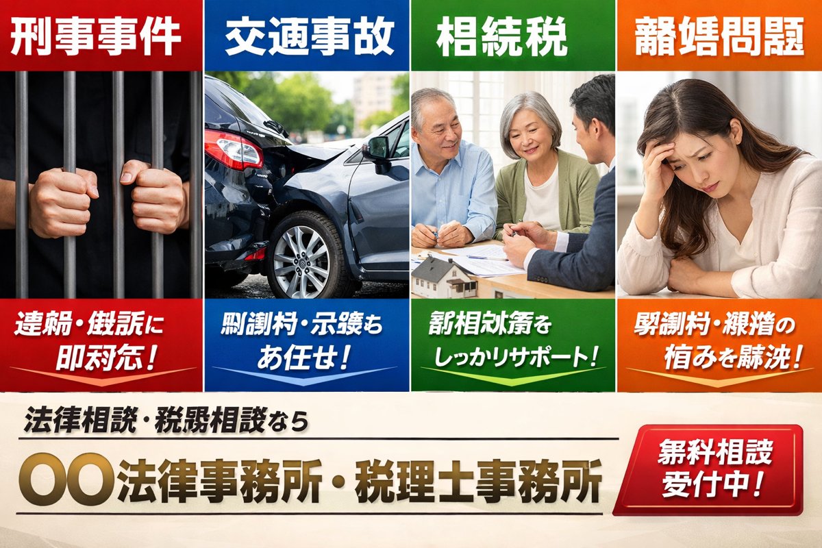 Japanese Legal Services LP Banner GPT Image 2 prompt example: A bold Japanese landing-page hero image for a fictional law and tax office, useful for legal service ads, listing...