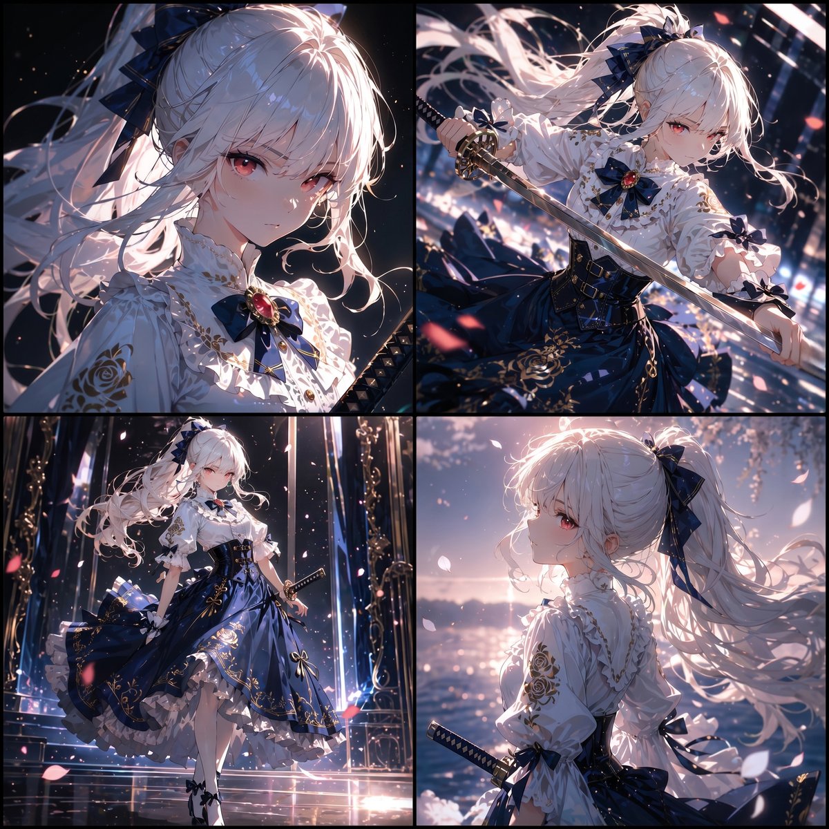 White-Haired Anime Swordswoman Collage GPT Image 2 prompt example: This prompt generates a polished 4-panel anime character collage showcasing an elegant fantasy girl with a...