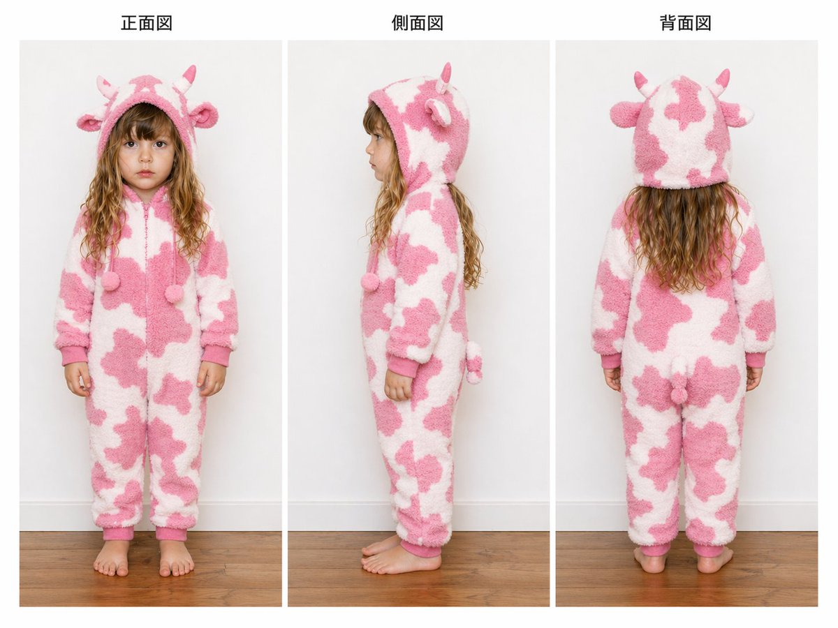 Child Cow Onesie Three-View Sheet のQwen Imageプロンプト例: This prompt generates a realistic studio reference sheet showing front, side, and back views of a child wearing a...