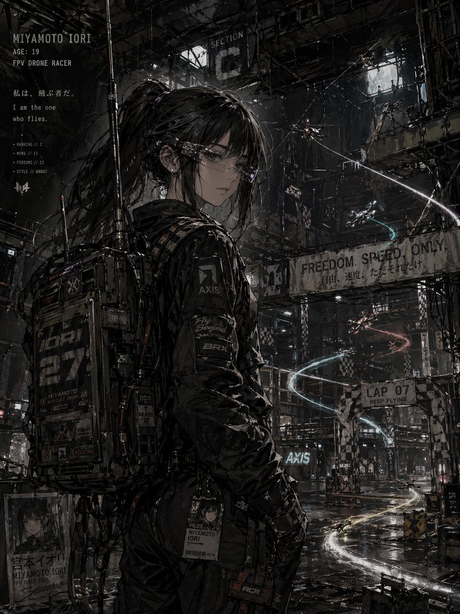 Cyberpunk FPV Drone Racer Poster Qwen Image 프롬프트 예시: A dark, detailed anime-style cyberpunk character poster showing a young drone racer in a ruined industrial arena, ideal for...