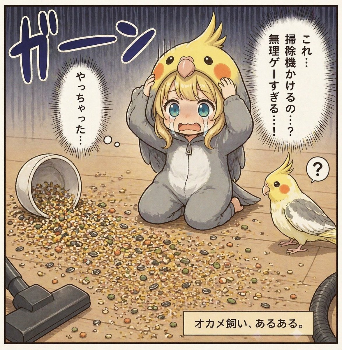 Cockatiel Owner Seed Spill Comic Qwen Image prompt example: This prompt generates a humorous single-panel manga-style scene of a bird owner overwhelmed by a massive spilled seed...