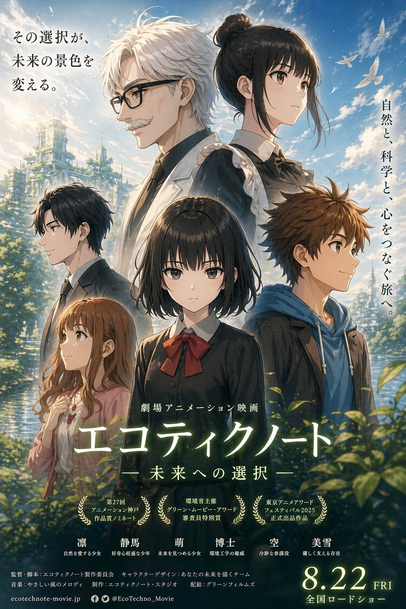 Anime Ensemble Movie Poster Qwen Image 프롬프트 예시: This prompt generates a cinematic Japanese anime film poster featuring six well-composed characters, dramatic environmental...