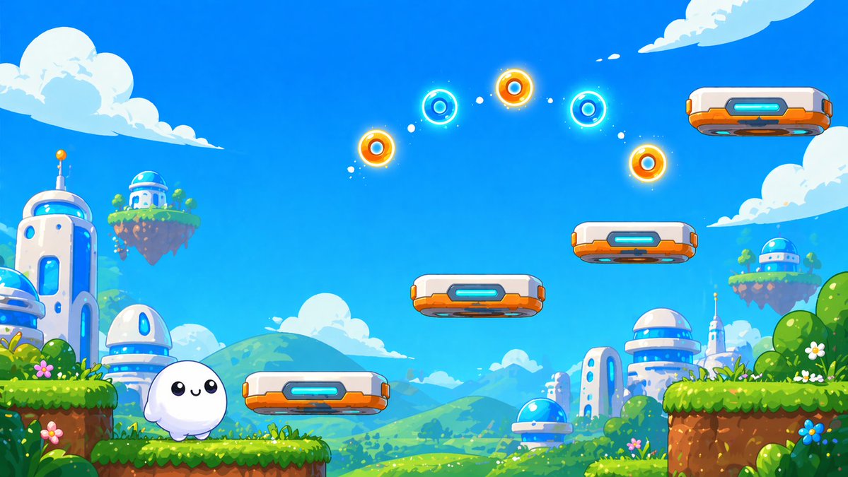 Cute Futuristic Platformer Scene Qwen Image 프롬프트 예시: This prompt generates a vibrant side-scrolling game-like illustration with a cute mascot, floating platforms, and a whimsical...