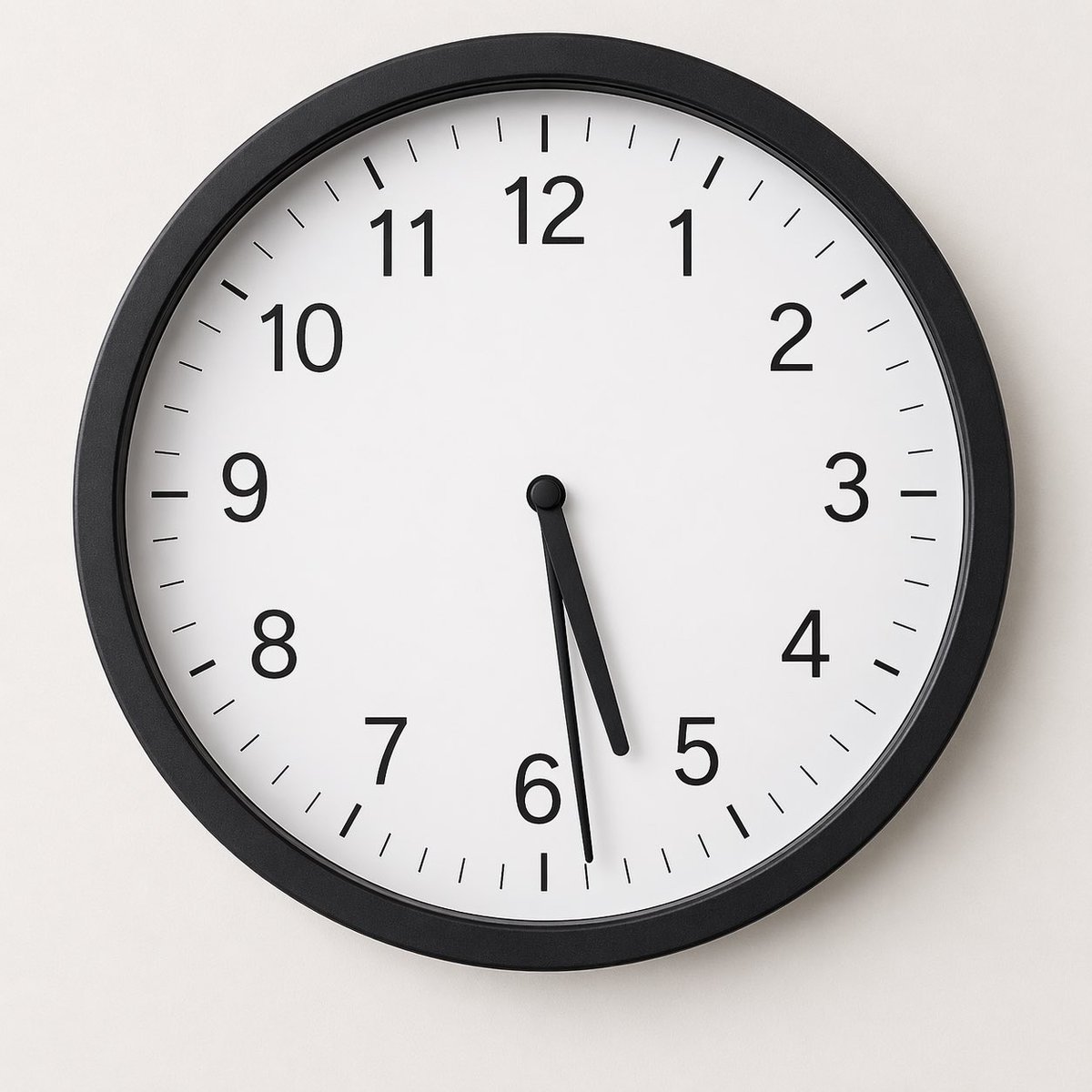 Minimal Analog Wall Clock at 05:29 GPT Image 2 prompt example: This prompt generates a realistic centered product-style photo of a simple analog wall clock showing an exact...