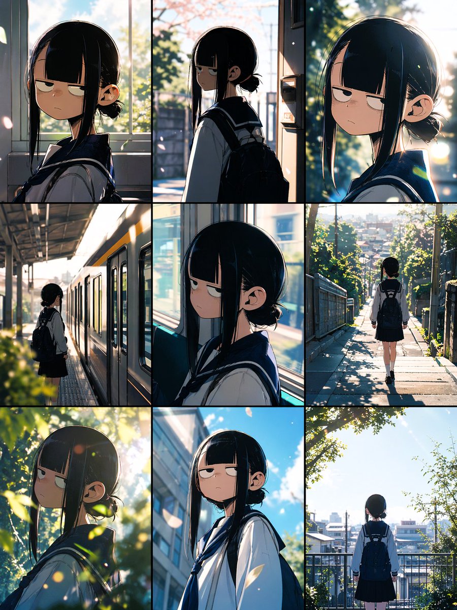 Anime School Commute Storyboard Grid Qwen Image 프롬프트 예시: A nine-panel anime storyboard collage showing a deadpan schoolgirl during her morning commute, ideal for character-driven...