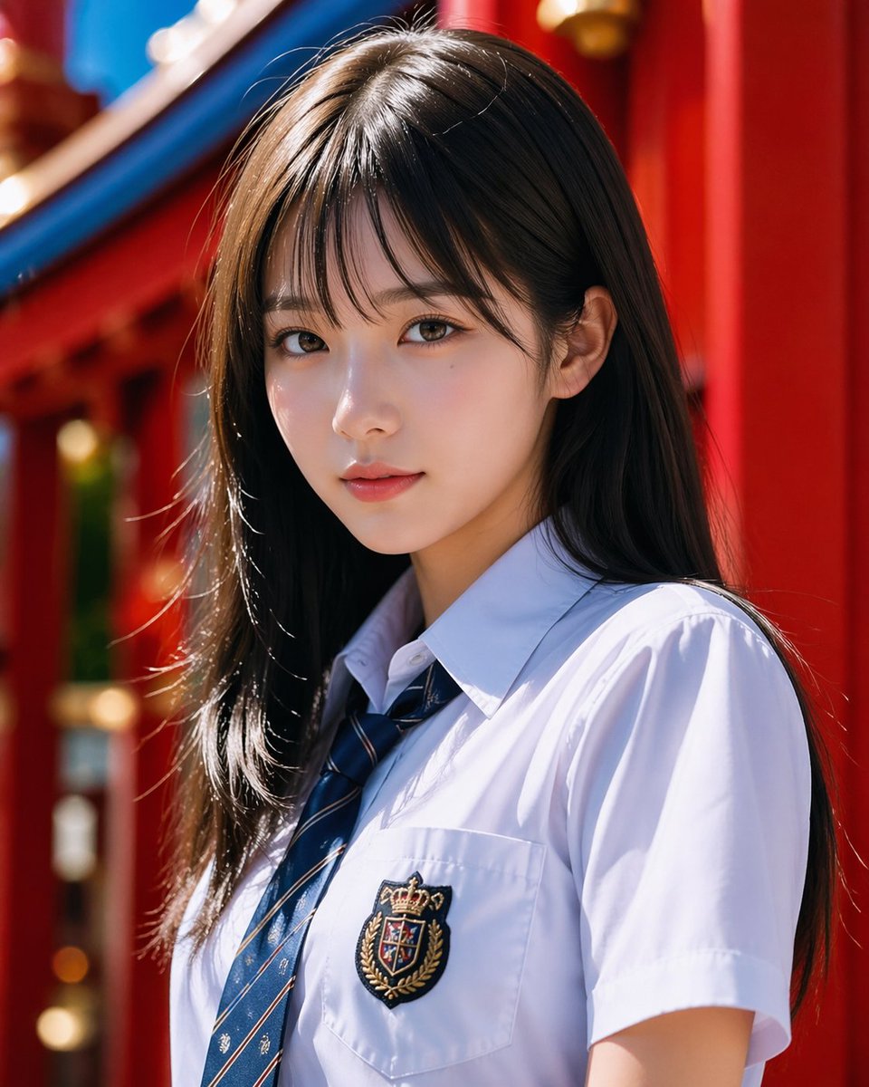 Photoreal Schoolgirl Shrine Portrait Qwen Image prompt example: This prompt generates a realistic fashion-style portrait of a school-uniformed girl in front of vivid red shrine...
