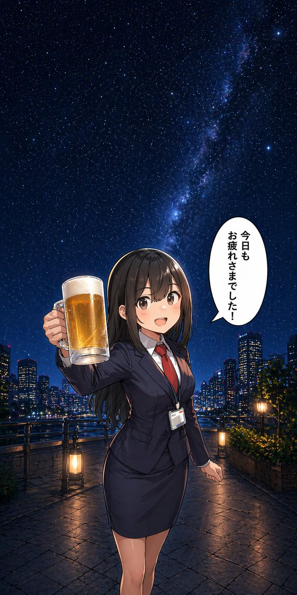 Anime Office Lady Beer Toast at Night Qwen Image 프롬프트 예시: This prompt generates a tall anime-style nighttime cityscape illustration of an office woman raising a beer mug, ideal...