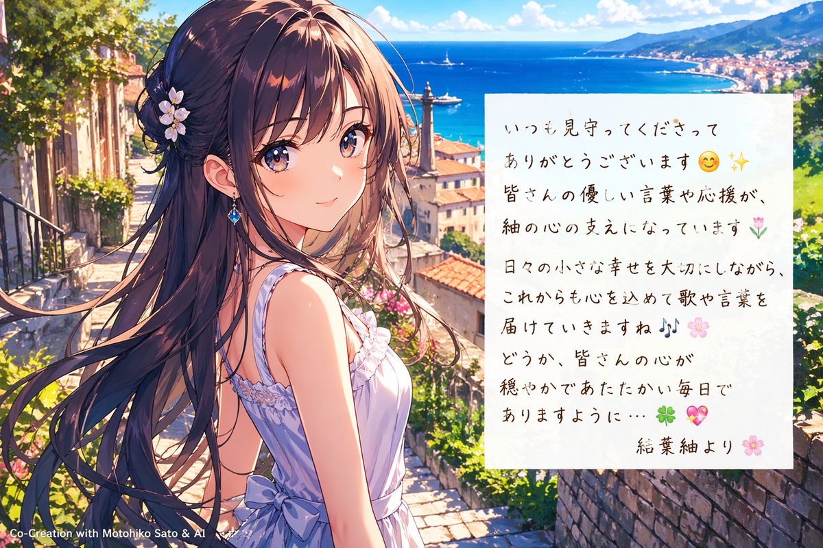 Anime Girl by the Sea with Letter Qwen Image 프롬프트 예시: This prompt generates a romantic anime-style seaside portrait with an overlaid handwritten letter, ideal for fan messages,...