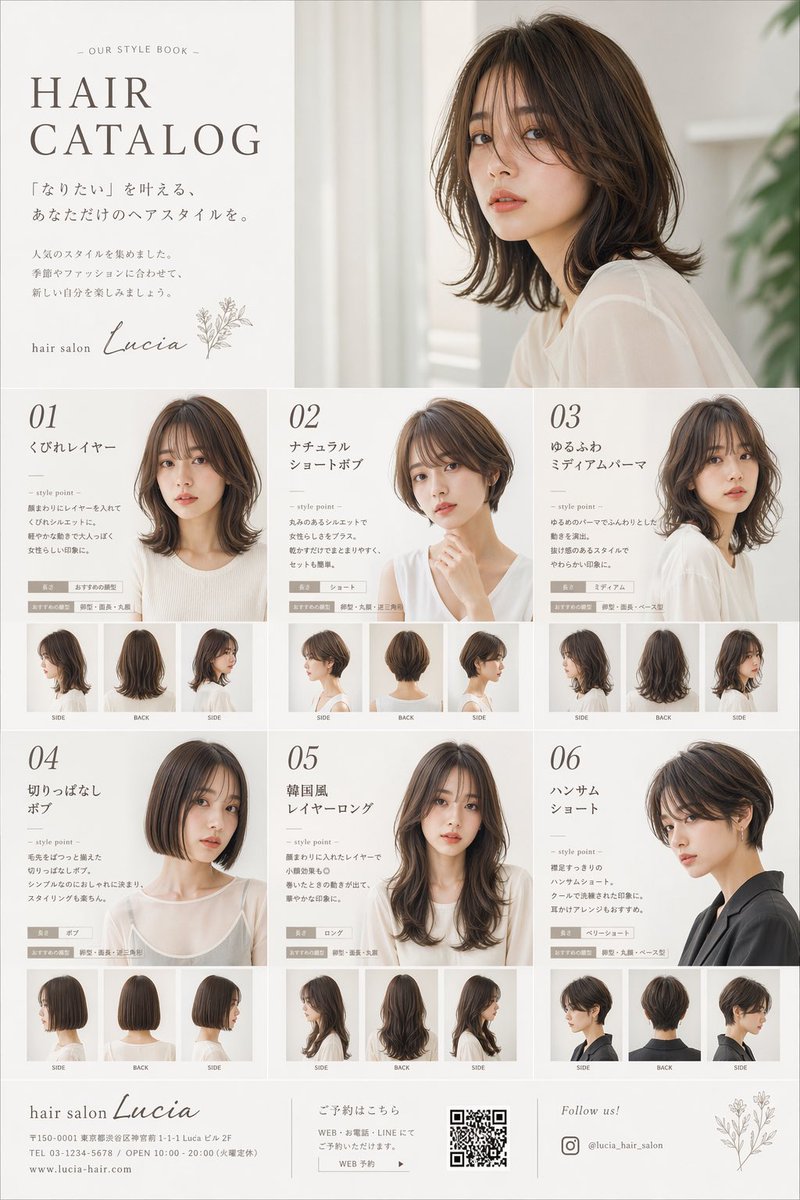 Japanese Hair Salon Catalog Poster Qwen Image 프롬프트 예시: A clean editorial salon hairstyle catalog poster with six labeled haircut cards and one large hero model image, ideal for...