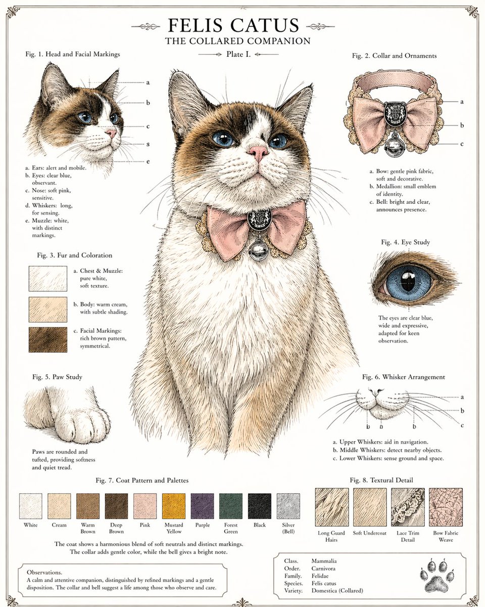 Vintage Cat Natural History Plate Qwen Image 프롬프트 예시: A detailed antique-style scientific illustration prompt for creating a whimsical domestic cat reference sheet with labeled...