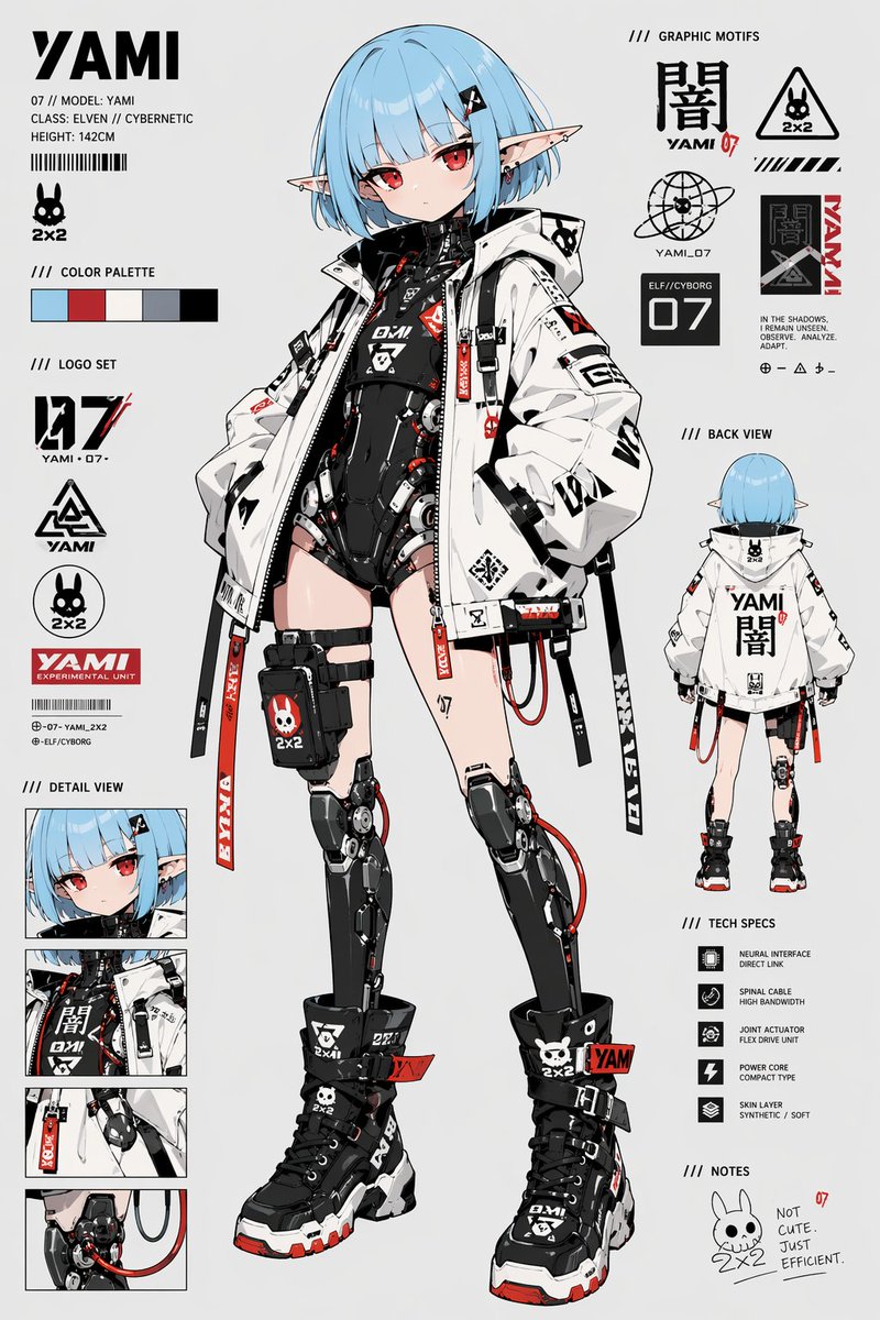 Cyberpunk Elf Android Reference Sheet 的 Qwen Image 提示词示例图:A polished anime-style character design sheet for a petite elf cyborg girl with front and back views, logos, detail...