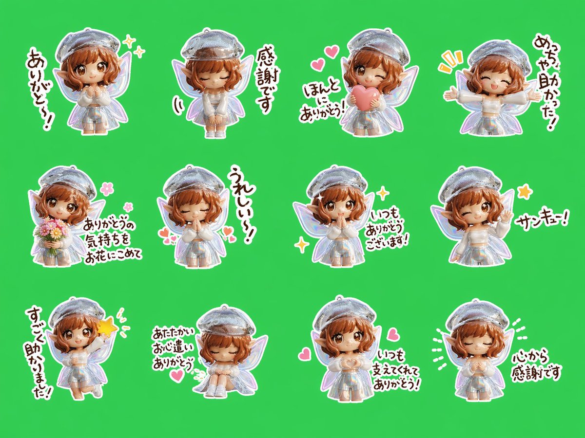 Chibi Fairy Thank-You Sticker Sheet GPT Image 2 prompt example: A bright green-background sticker sheet showing 12 kawaii chibi fairy thank-you poses with Japanese text, suitable...