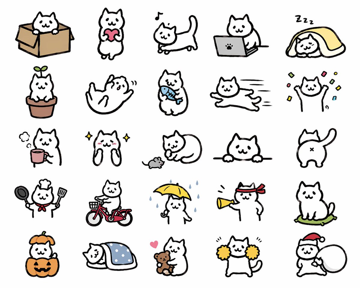 Kawaii Cat Sticker Sheet Qwen Image prompt example: This prompt generates a 25-pose kawaii white cat sticker sheet suitable for chat stickers, emoji packs, and mascot expression...