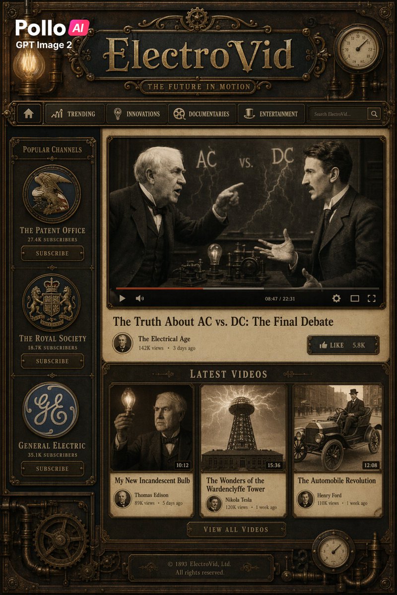 Steampunk Vintage Video Platform UI 的 Qwen Image 提示词示例图:A detailed steampunk streaming-site mockup styled like a Victorian brass machine interface, ideal for retro-futurist web...