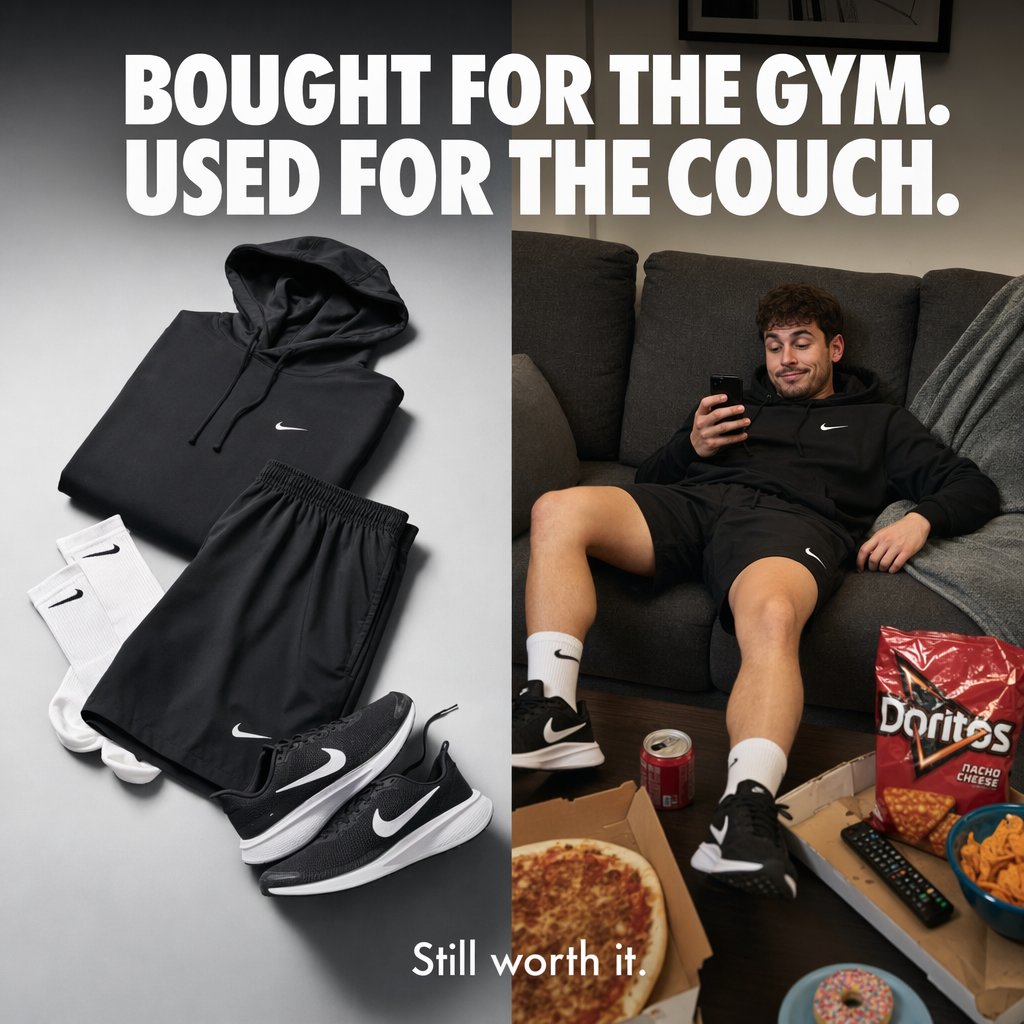 Split-Screen Athleisure Couch Ad 的 Qwen Image 提示词示例图:A polished square product ad showing activewear as both a fitness purchase and a cozy couch outfit, ideal for e-commerce or...