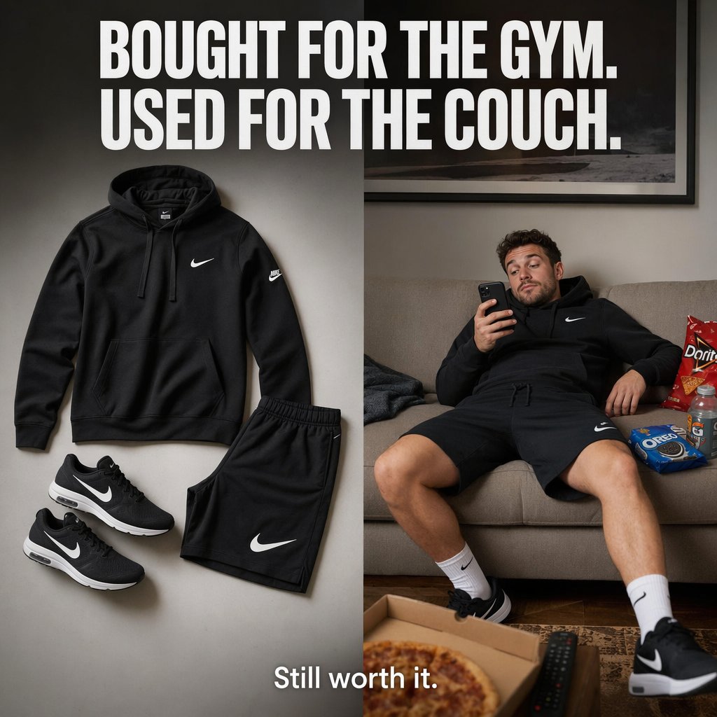 Split-Screen Athleisure Ad GPT Image 2 prompt example: A polished square product ad showing activewear as both stylish gear and couch-lounging clothing, ideal for e-commerce and...