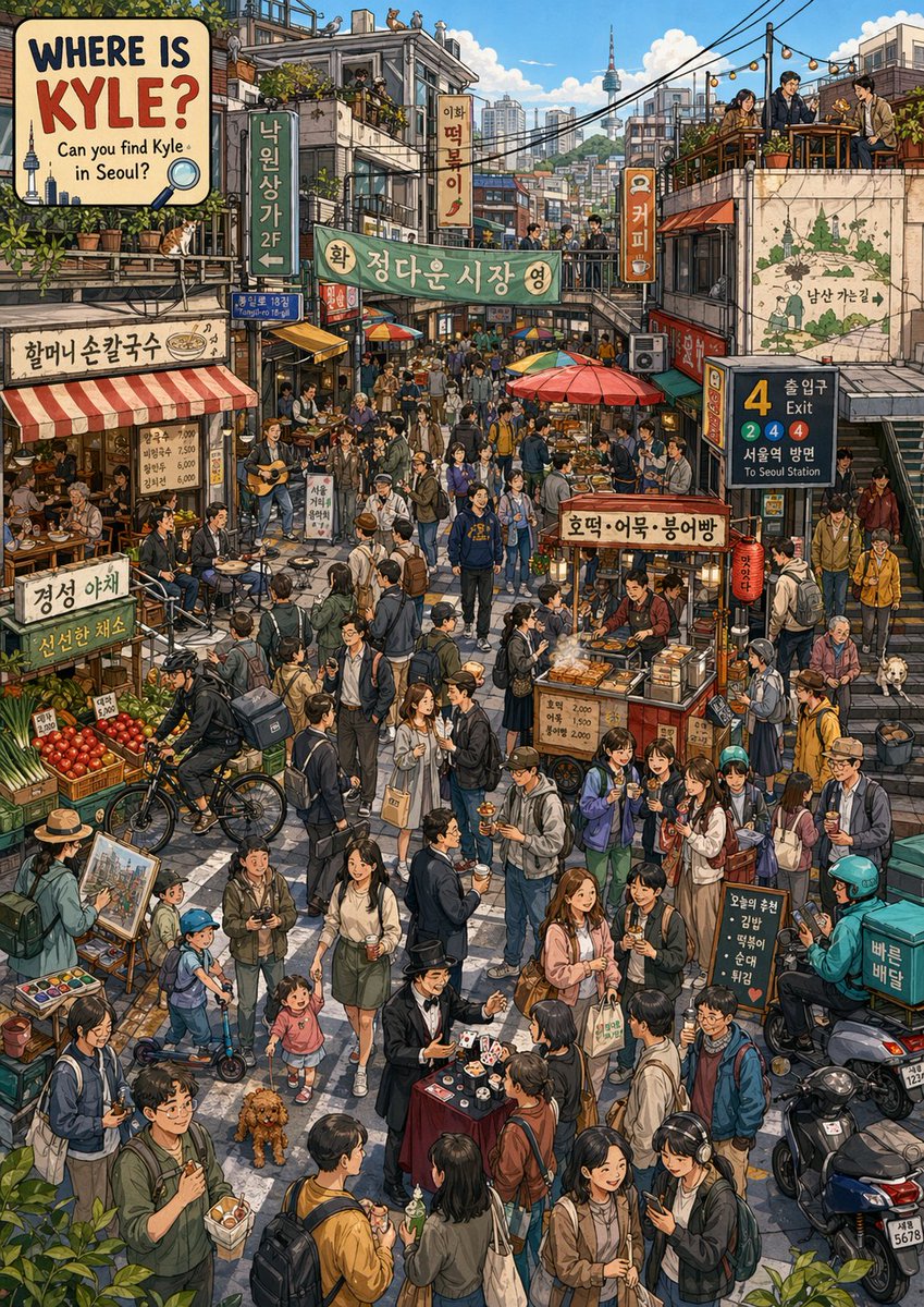 Find Kyle in a Seoul Market のQwen Imageプロンプト例: A dense search-and-find style illustration of a lively Seoul market street, ideal for posters, social media showcase images, or...
