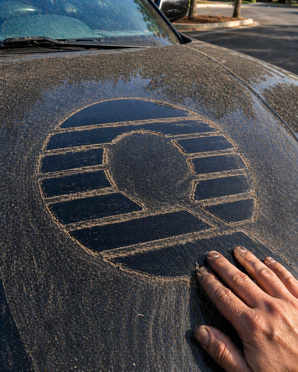 Dust-Drawn Symbol on Car Hood Qwen Image 프롬프트 예시: This prompt generates a realistic close-up photo of a dusty car hood with a large hand-drawn emblem, useful for automotive,...