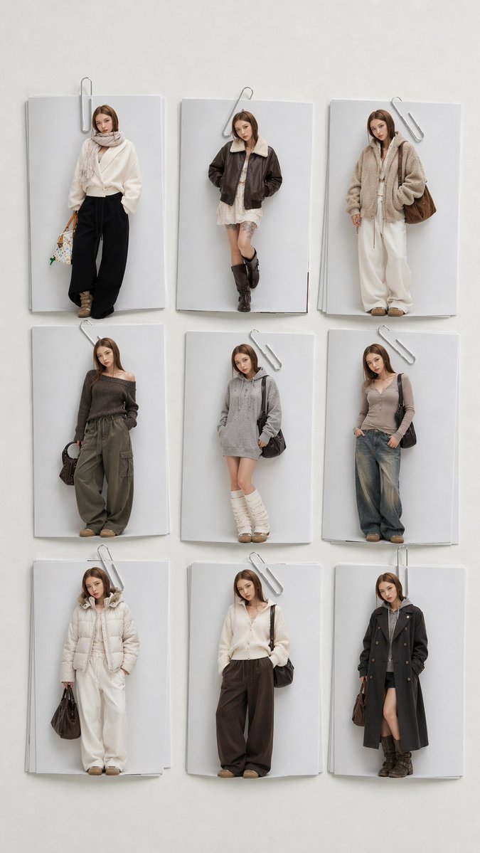 Minimalist 9-Look Fashion Collage Qwen Image 프롬프트 예시: A photorealistic 3x3 fashion lookbook prompt for generating a neutral-toned outfit collage styled like editorial wardrobe...