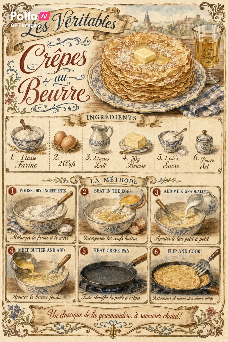 Vintage French Crepe Recipe Poster Qwen Image 프롬프트 예시: An ornate antique-style illustrated poster showing butter crepes, ingredients, and six cooking steps, ideal for food-themed...