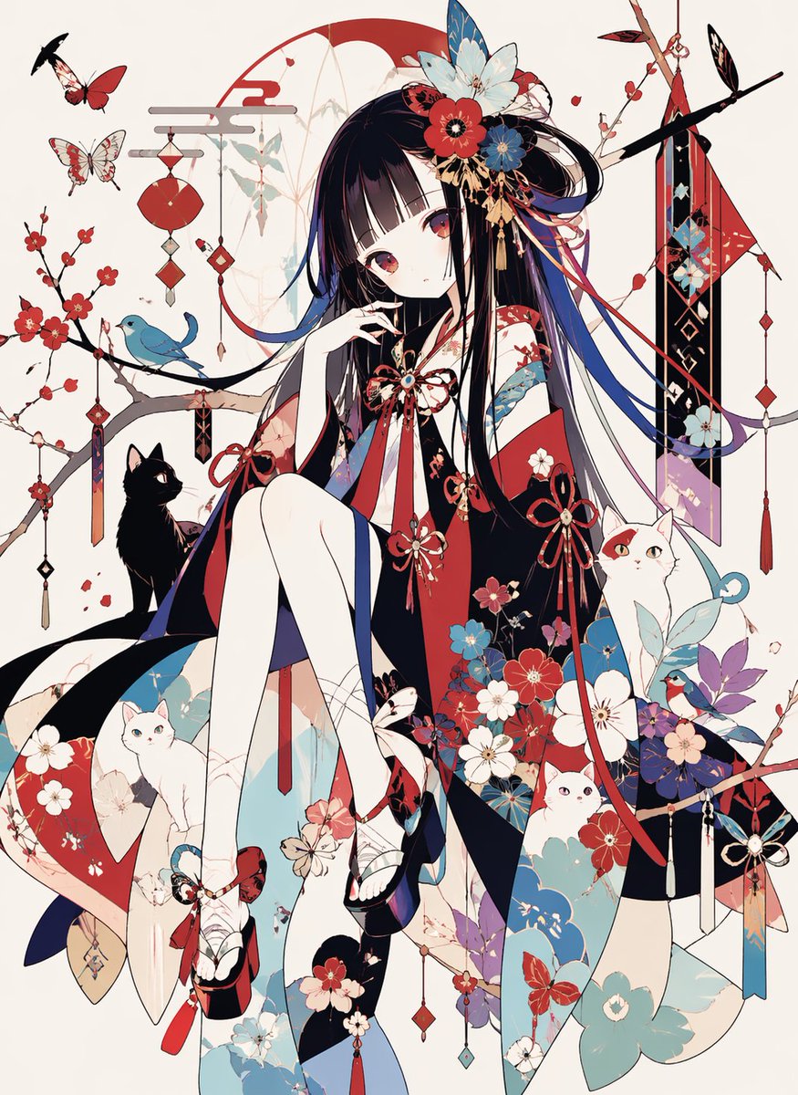 Ornamental Kimono Girl with Cats Qwen Image 프롬프트 예시: This prompt generates a detailed vertical anime poster of a kimono-clad girl surrounded by flowers, ornaments, birds,...