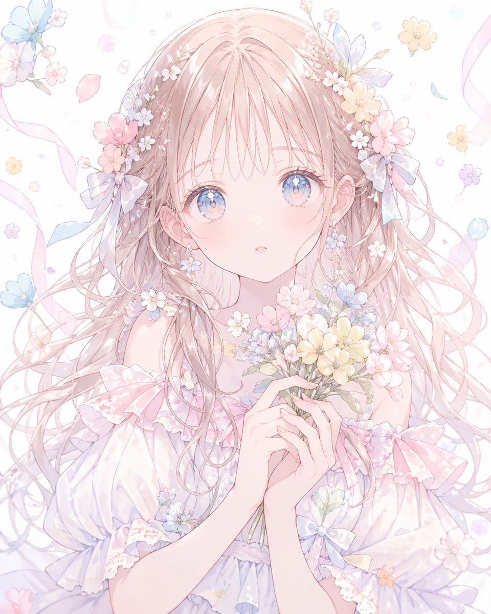 Pastel Faceless Floral Anime Portrait Qwen Image 프롬프트 예시: This prompt generates a soft romantic anime girl portrait with floral decorations and a faceless center block, ideal for...