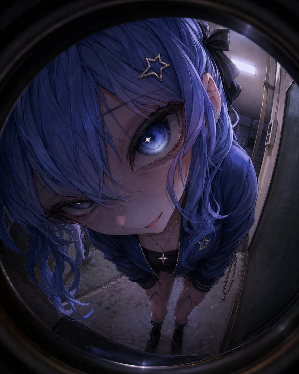 Anime Girl Through a Peephole Qwen Image prompt example: This prompt generates a dramatic fisheye anime portrait of a blue-haired girl peering into a door peephole, ideal for...