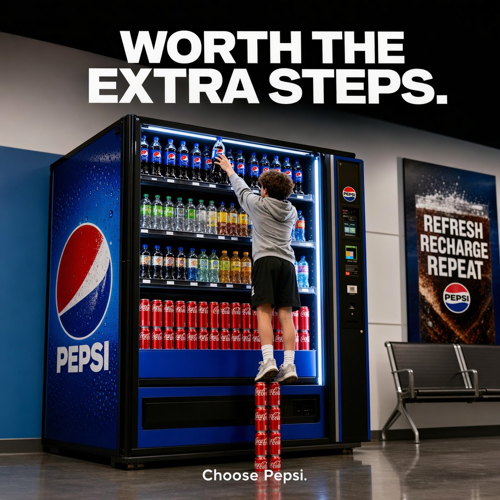 Pepsi Vending Machine Ad Qwen Image prompt example: A clean, production-ready beverage ad showing a person standing on four Coke cans to reach a Pepsi, ideal for bold comparative...