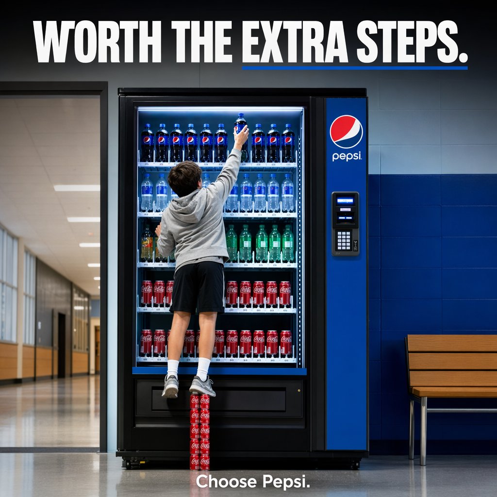 Pepsi Vending Machine Ad Qwen Image prompt example variation 2: A clean, production-ready beverage ad showing a person standing on four Coke cans to reach a Pepsi, ideal for bold...