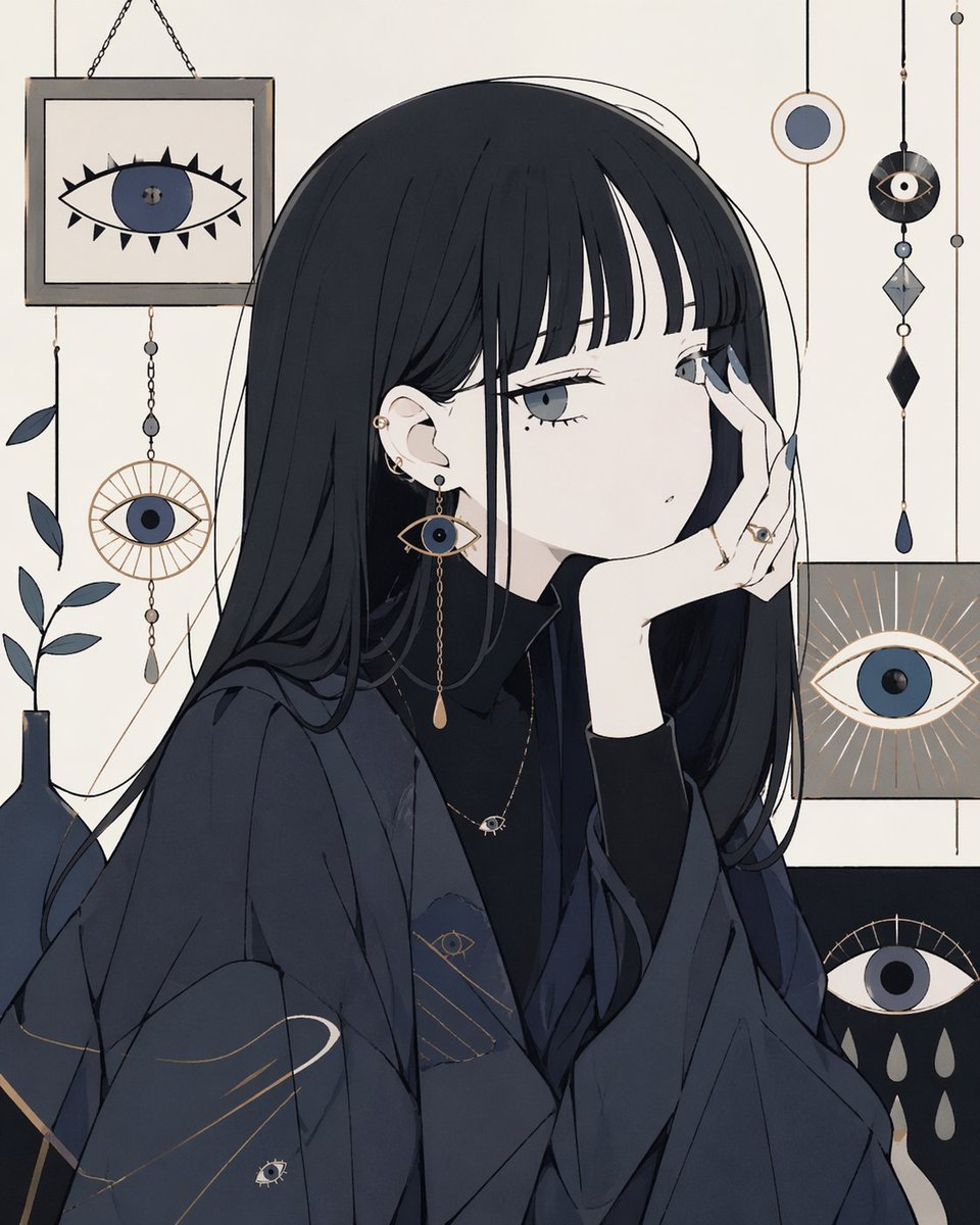 Occult Eye Motif Anime Portrait Qwen Image prompt example: This prompt generates a stylish single-character anime portrait with mystical eye-themed decor, ideal for moody...