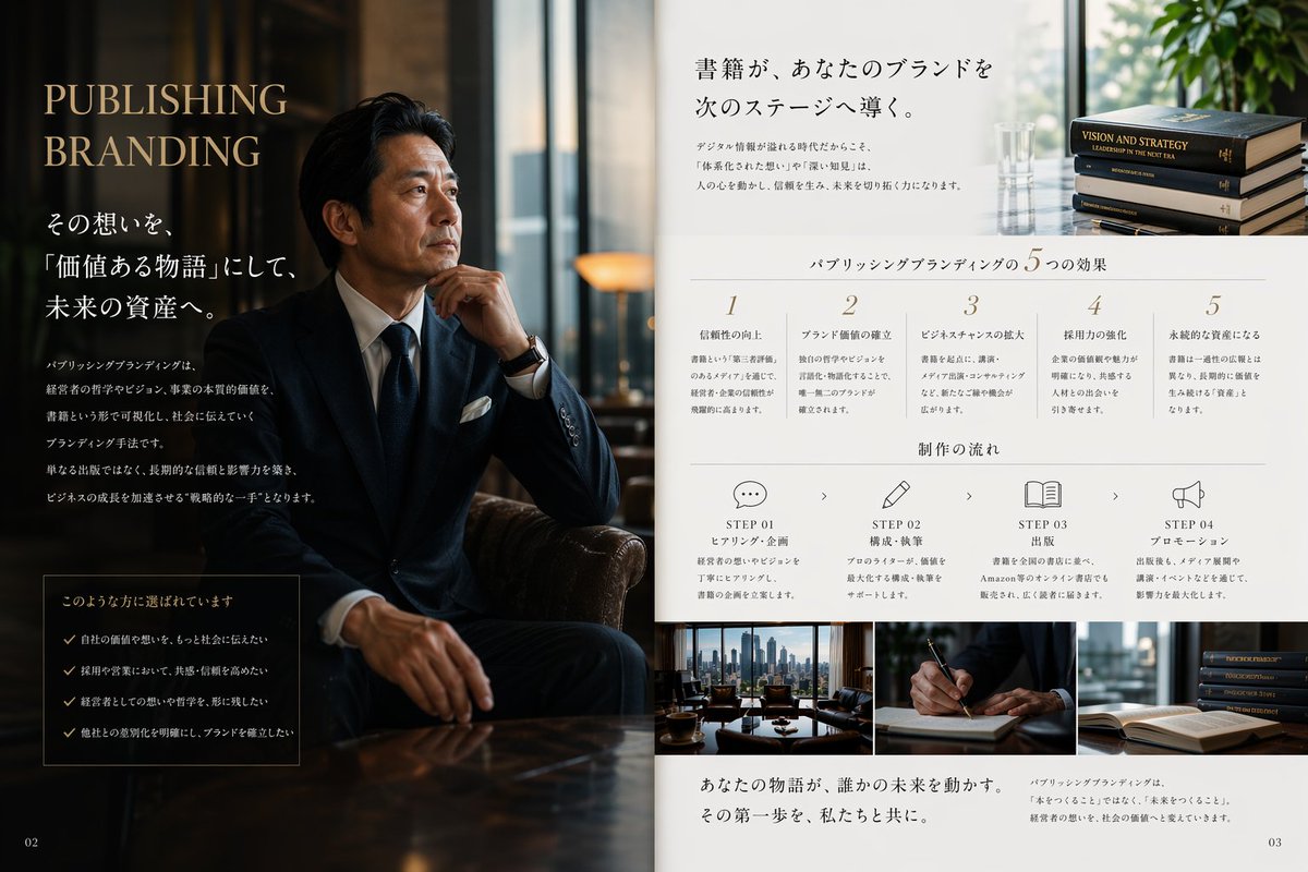 Luxury Publishing Branding Editorial Spread 的 Qwen Image 提示词示例图:This prompt generates a high-end Japanese magazine-style two-page promotional spread for publishing and branding...