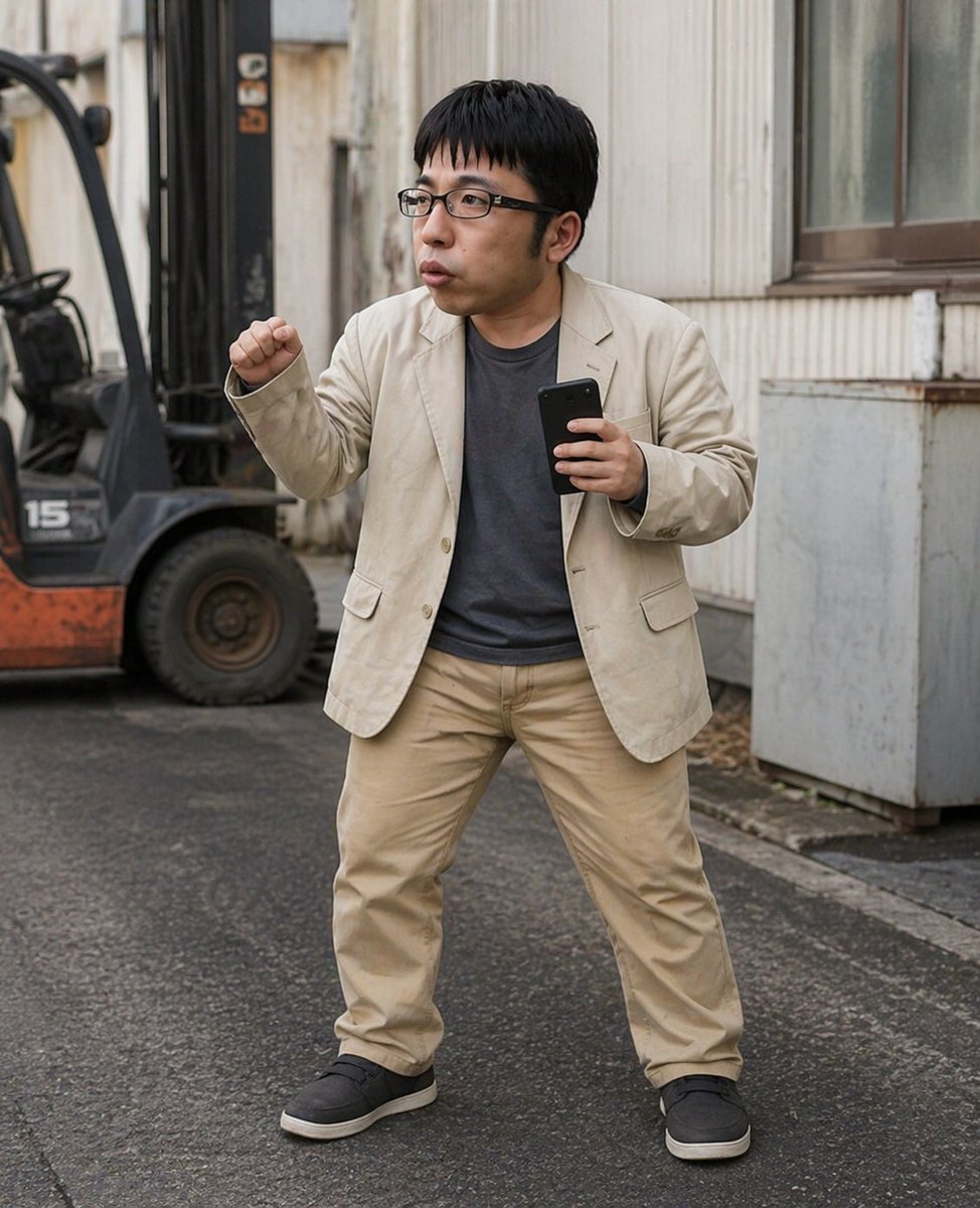 Industrial Alley Candid Man Photo Qwen Image prompt example: This prompt generates a realistic candid full-body photo of a casually dressed man posing with a smartphone in an...