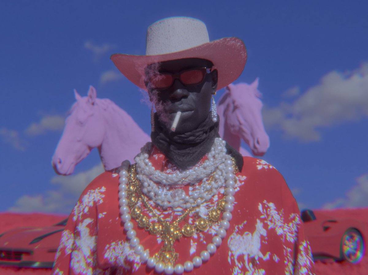Surreal Cowboy Fashion Portrait Qwen Image prompt example: This prompt generates a stylized surreal western fashion portrait with anonymous censoring, pink horses, layered...