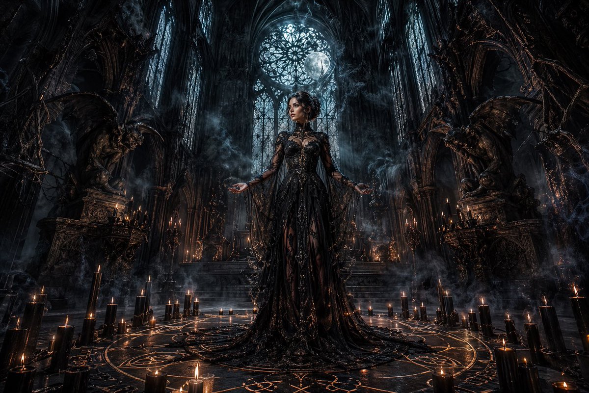 Dark Gothic Ritual in Cathedral GPT Image 2 prompt example: This prompt generates a cinematic dark-fantasy ritual scene with a gothic woman, candles, sigils, and cathedral...
