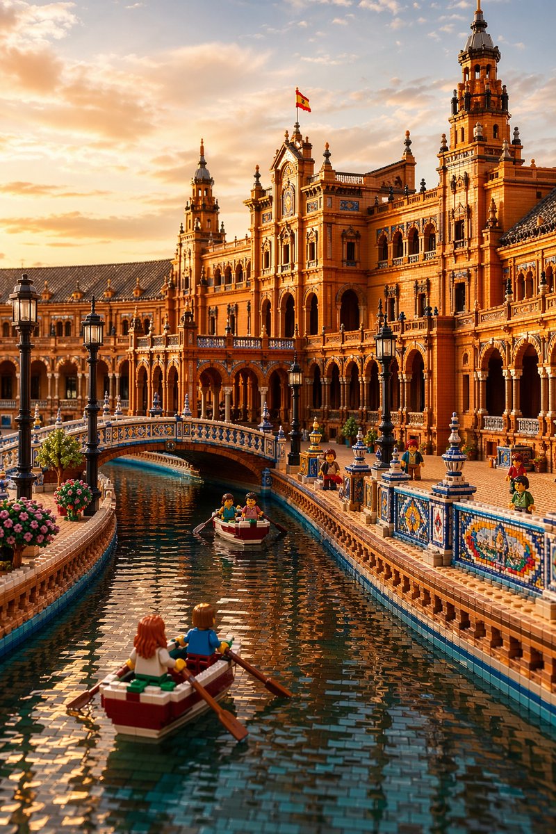 LEGO Plaza de España at Sunset Qwen Image 프롬프트 예시: This prompt generates a cinematic LEGO-style architectural scene of Plaza de España in Seville, ideal for travel-themed concept...