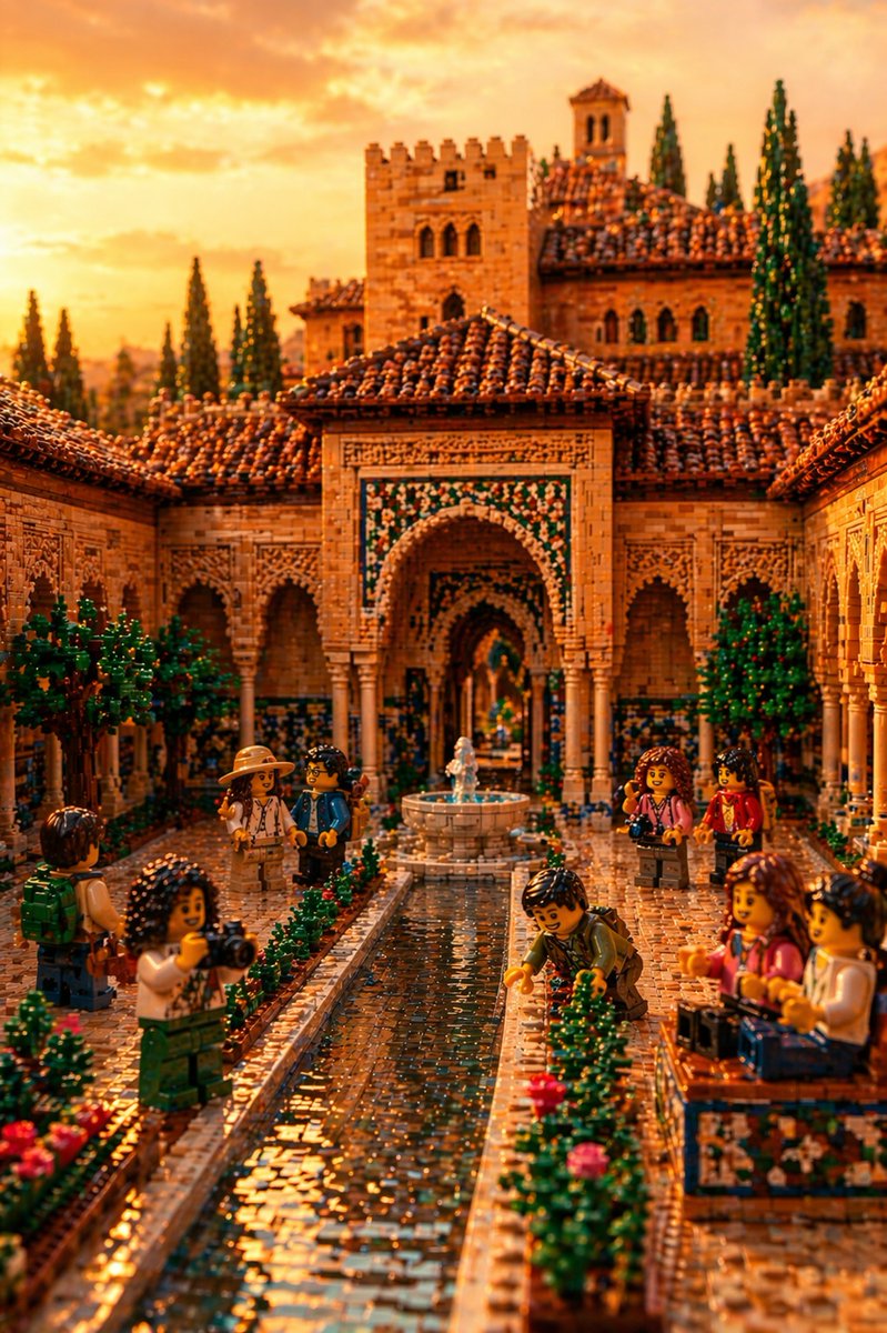 LEGO Alhambra Courtyard at Sunset Qwen Image 프롬프트 예시: This prompt generates a cinematic, highly detailed LEGO-style recreation of the Alhambra courtyard with tourists, reflective...