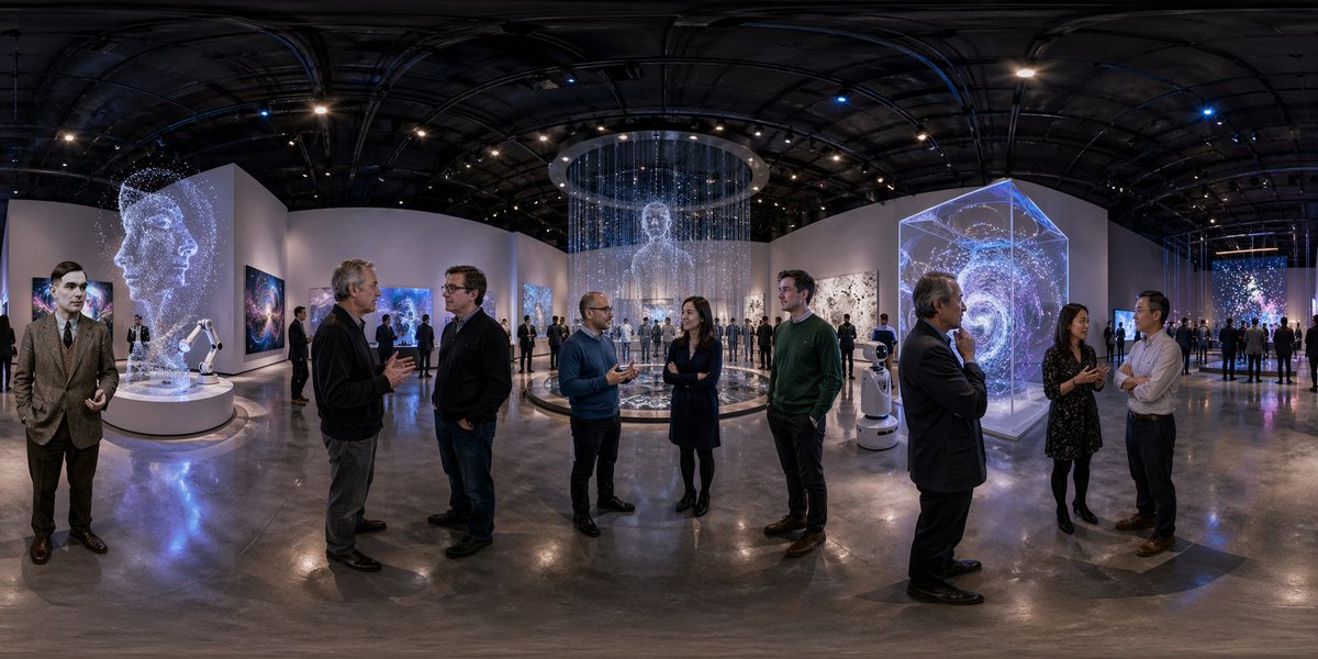 360 AI Art Gallery Panorama 的 Qwen Image 提示词示例图:A photorealistic immersive 360-degree museum panorama showing a futuristic AI-themed exhibition, ideal for VR scenes, virtual...