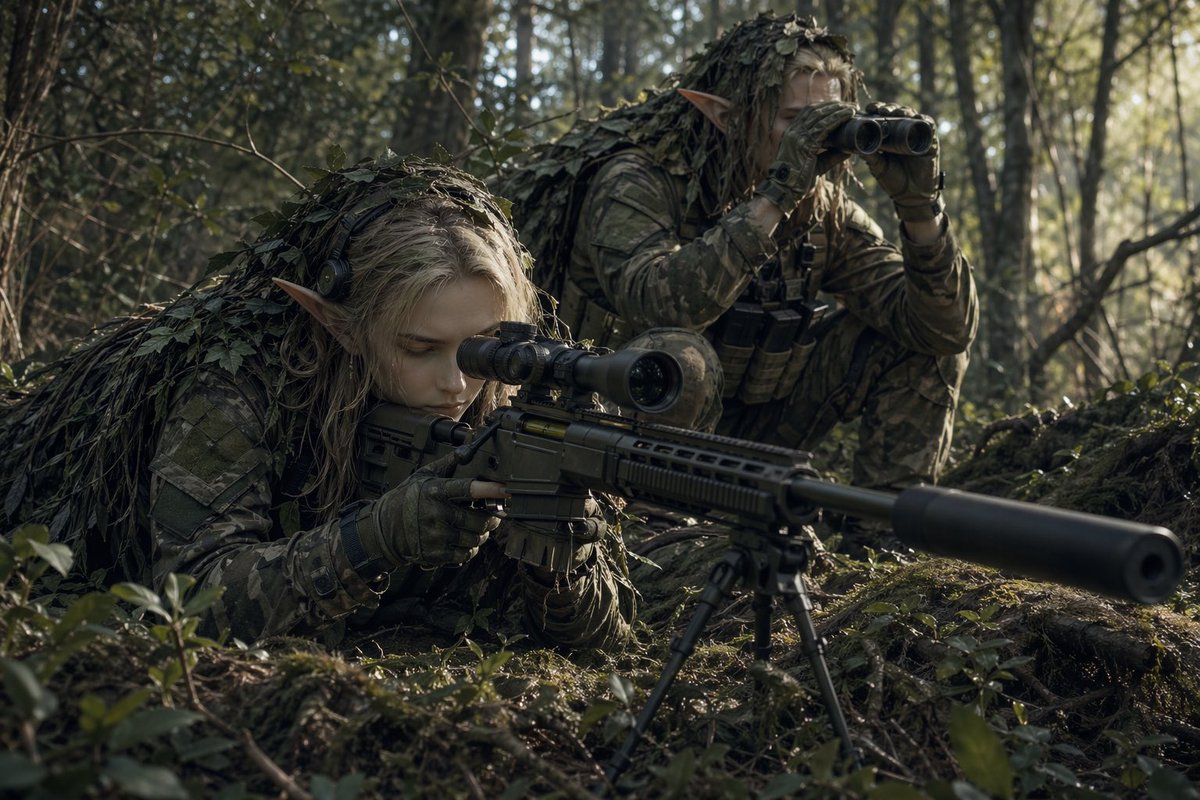 Elf Sniper Team in Forest Ambush のQwen Imageプロンプト例: This prompt generates a photorealistic fantasy-combat image of 2 camouflaged elf scouts in a forest, ideal for cinematic...