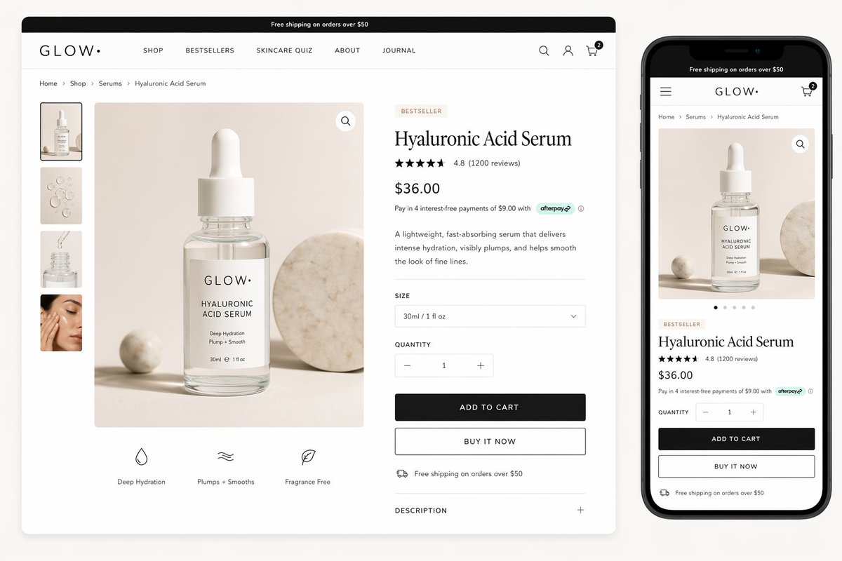 Luxury Skincare Product Page Mockup Qwen Image prompt example: A polished desktop-and-mobile e-commerce mockup for a premium skincare serum, ideal for storefront concepts, ads,...