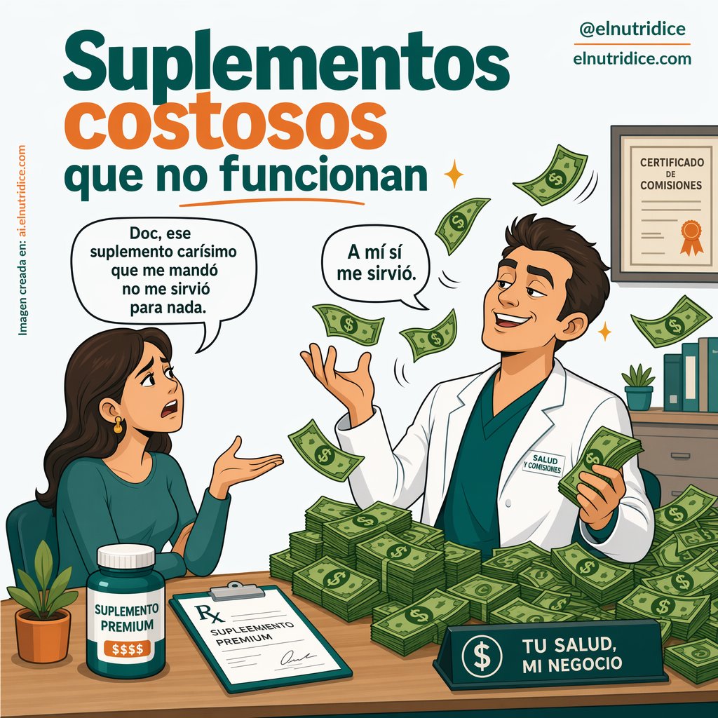 Satirical Expensive Supplements Cartoon 的 GPT Image 2 提示词示例图：This prompt generates a square Spanish-language editorial cartoon mocking commission-driven doctors and overpriced...