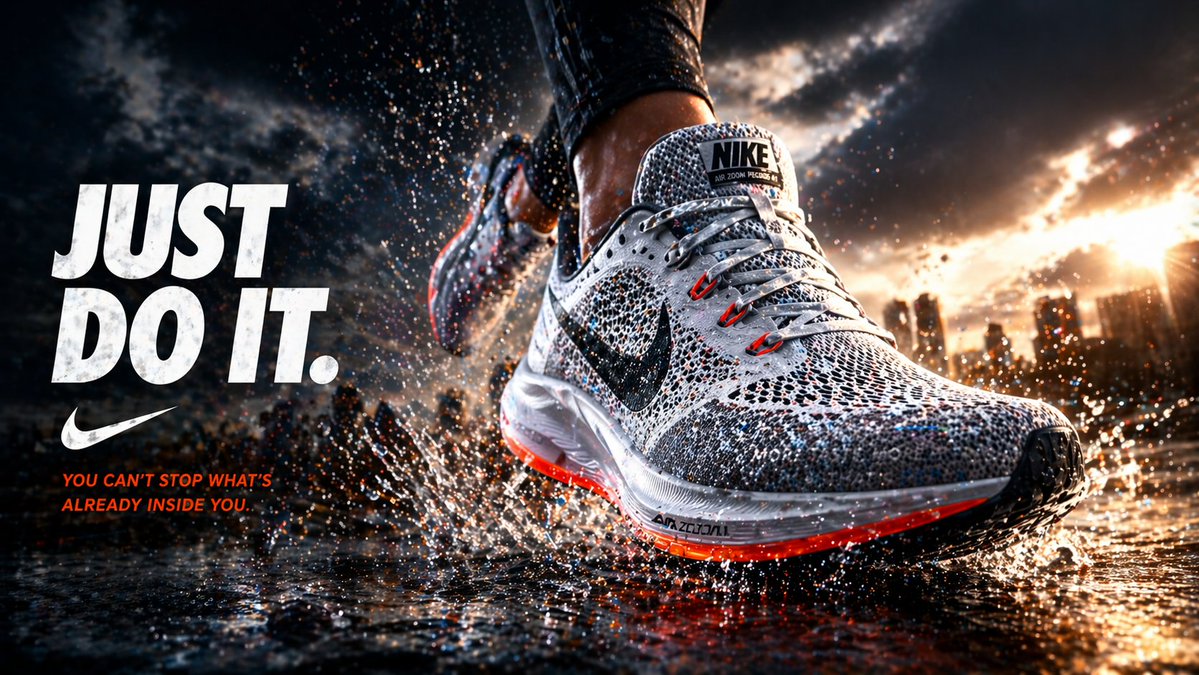 Cinematic Running Shoe Ad Poster のQwen Imageプロンプト例: This prompt generates a dramatic e-commerce-style sports shoe advertisement with bold text and action-heavy splash effects,...