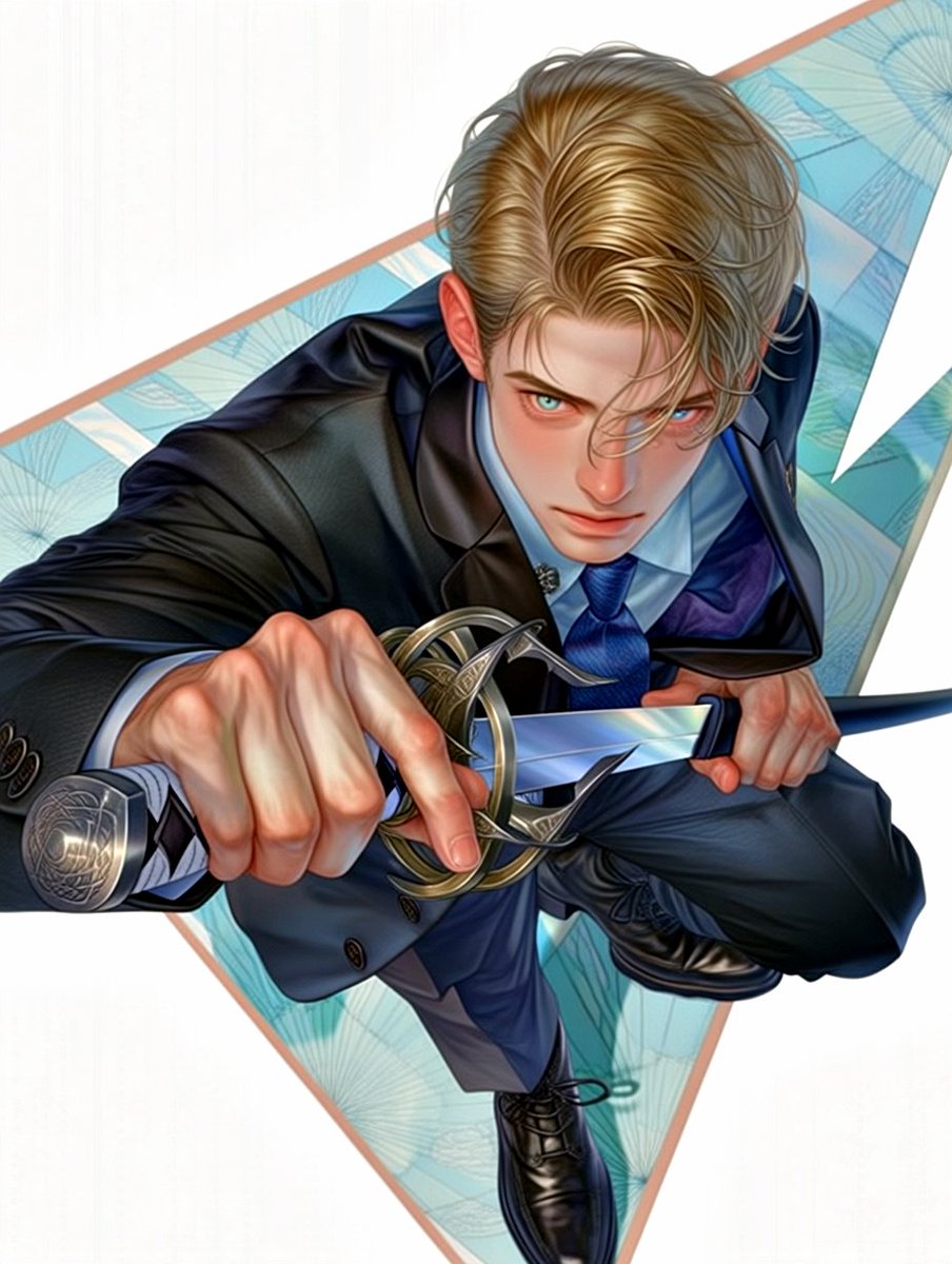 Anime Swordsman in Suit Qwen Image prompt example: This prompt generates a stylish high-angle anime action portrait of a blond man in a business suit drawing a rapier, ideal for...