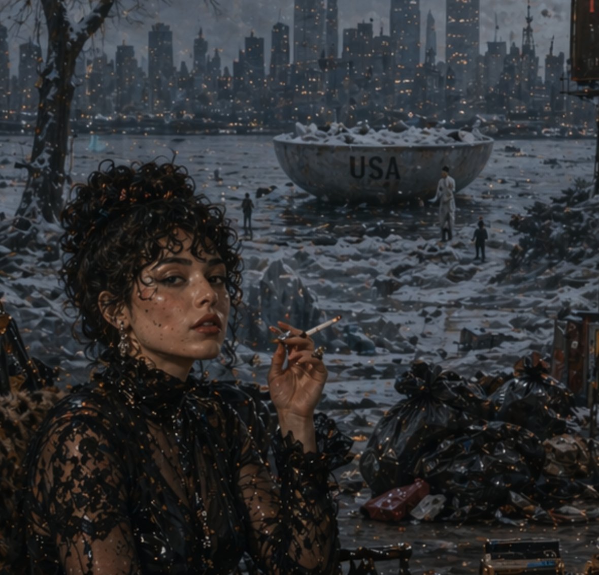 Dystopian Woman by Frozen Waterfront 的 Qwen Image 提示词示例图:A dark editorial-style dystopian city image suited for illustrating AI image artifacts, urban decay, or cinematic...