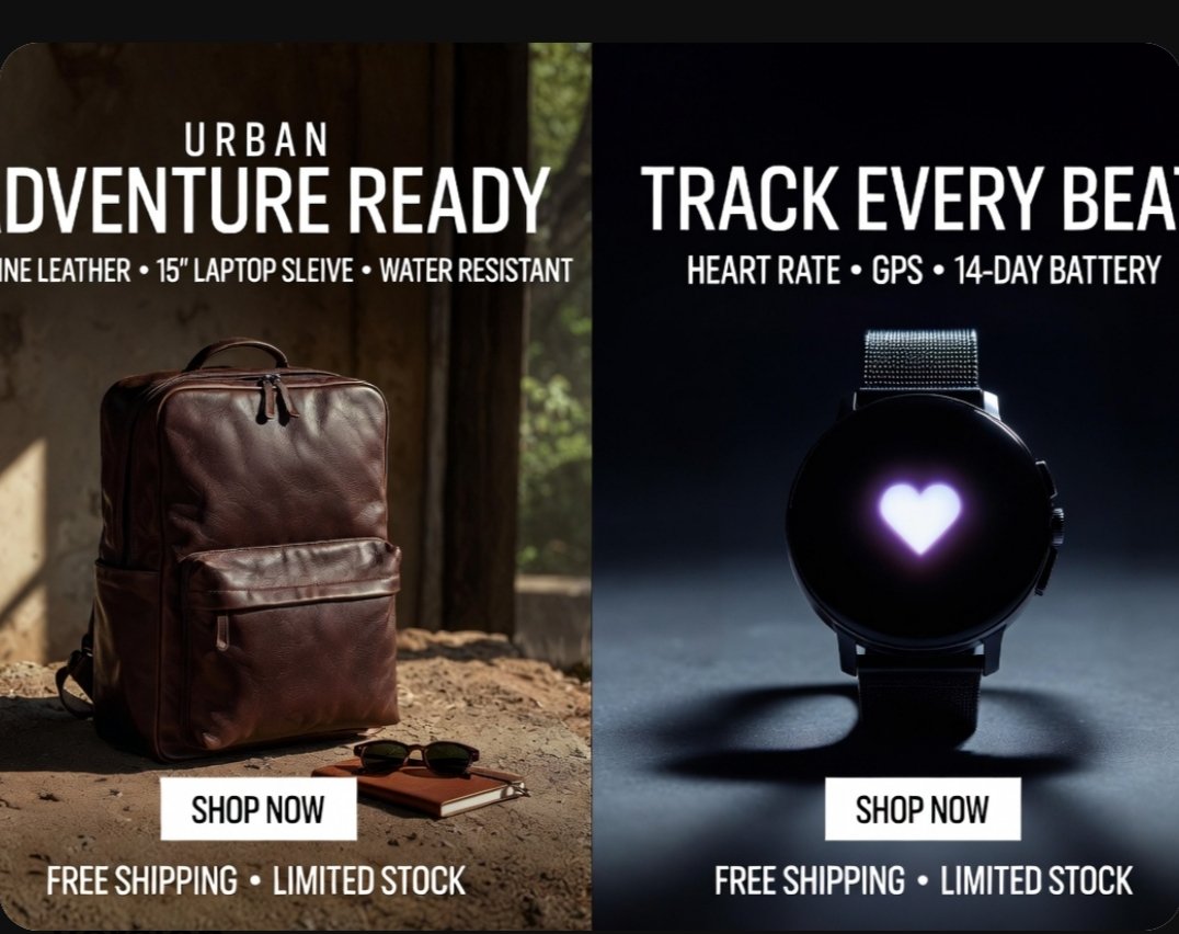 Split-Screen Product Ad Poster Qwen Image prompt example: A photorealistic dual-panel e-commerce ad showcasing a leather backpack and a smartwatch, ideal for social promos,...