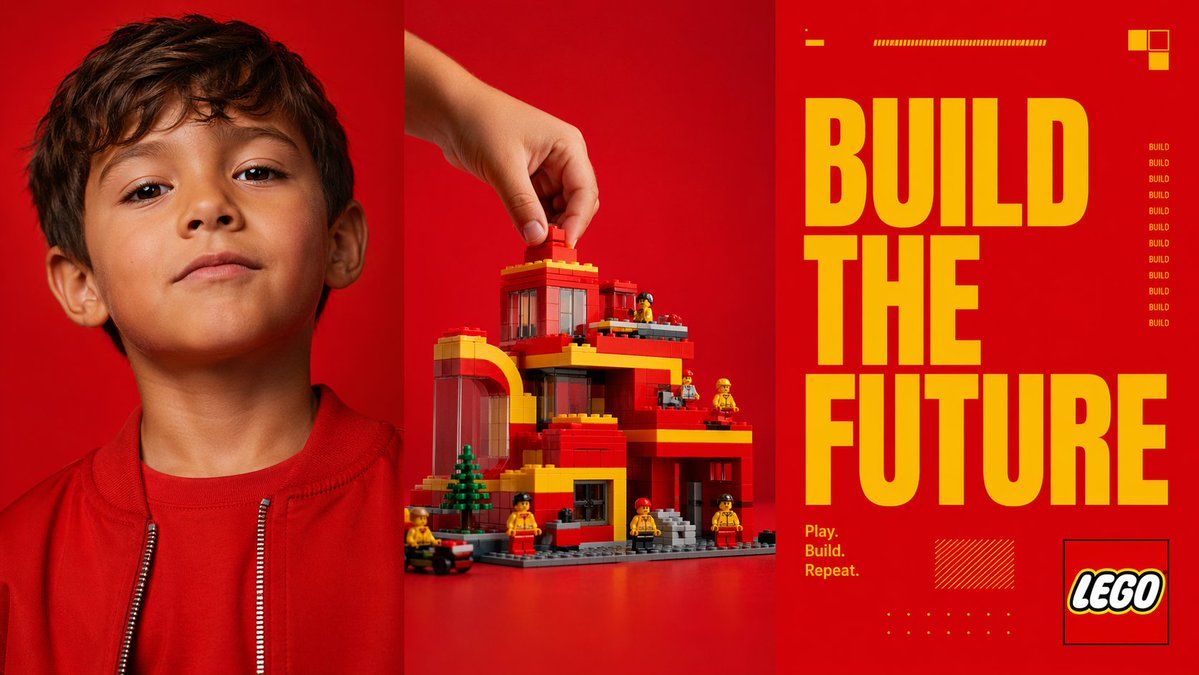Red Triptych Build the Future Poster Qwen Image 프롬프트 예시: This prompt generates a bold three-panel toy-brand style advertisement combining a child portrait, a hand-built brick...