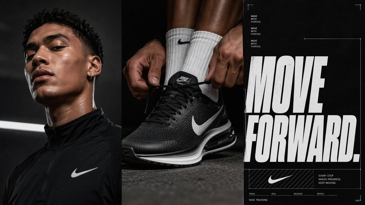 Triptych Sports Ad Poster Qwen Image 프롬프트 예시: This prompt generates a cinematic three-panel athletic advertising composition combining a portrait, a shoe close-up, and bold...